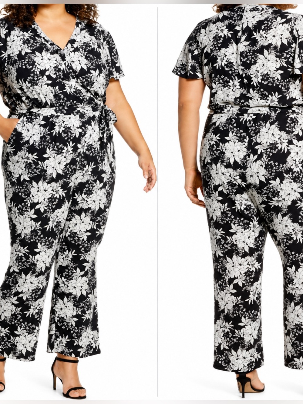 NWT Vince Camuto Black White Floral Wrap Jumpsuit Size 14
